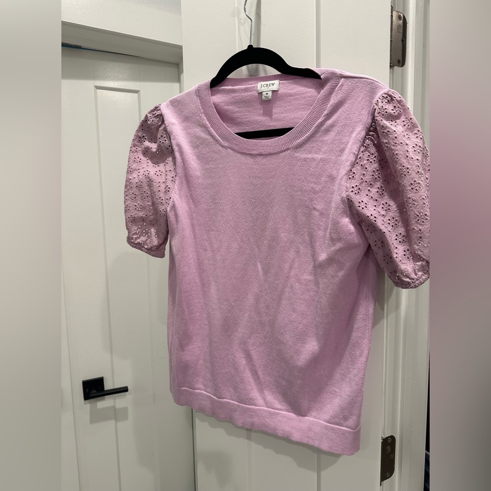 J Crew shirt with lace sleeves.